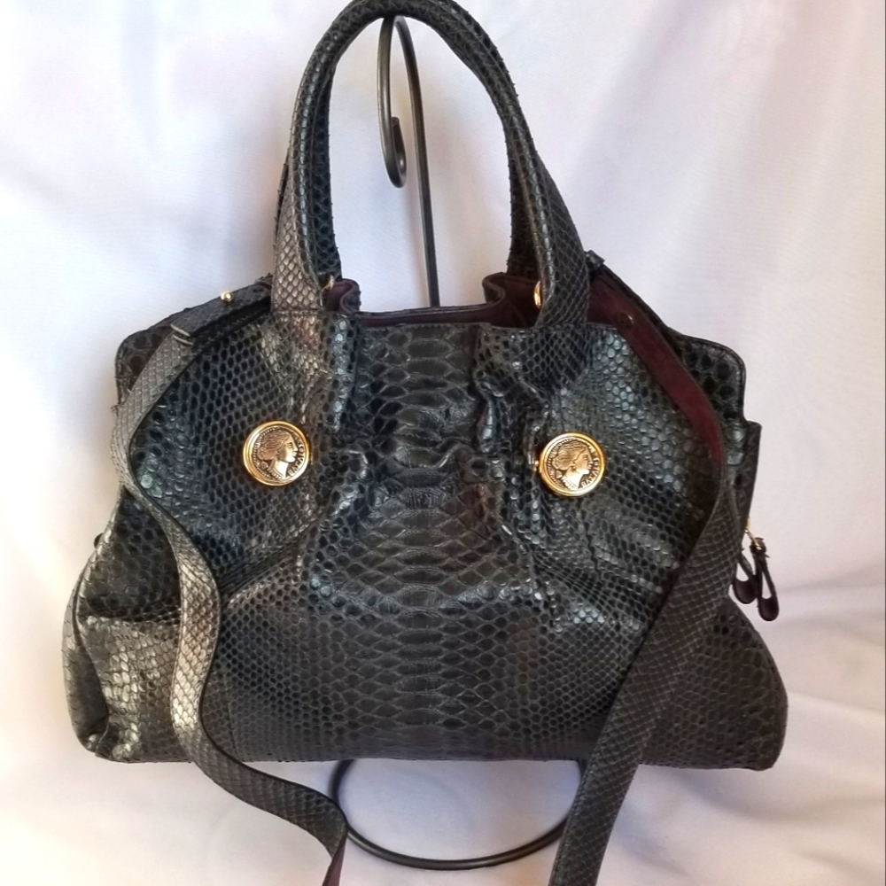 Bulgari black/dark navy blue python snake skin satchel handbag shoulder bag.